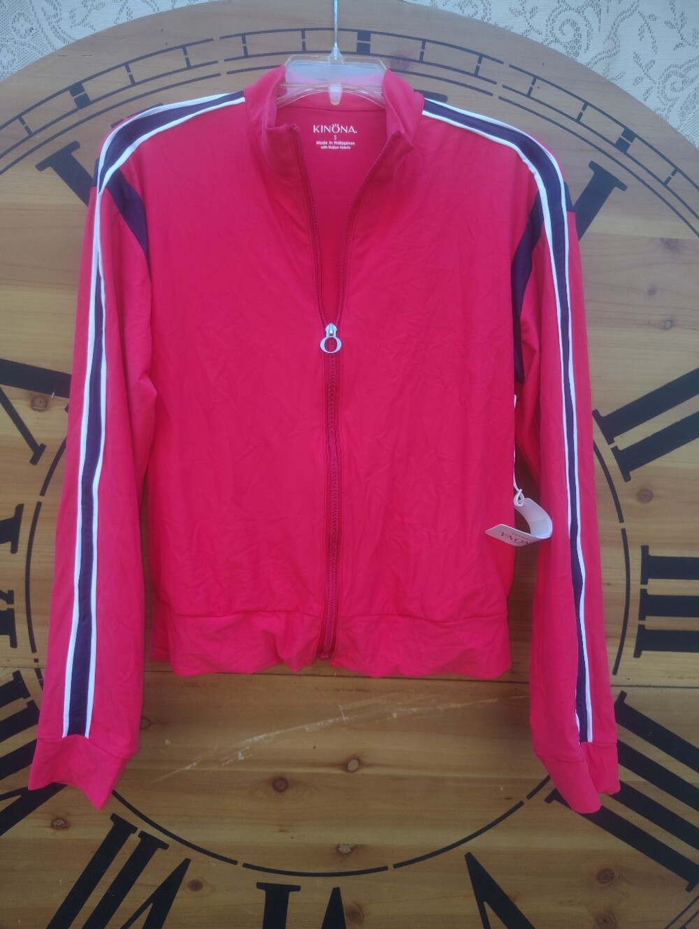 Kinona Red Zip-Front Varsity Jacket with Stripe Sleeves